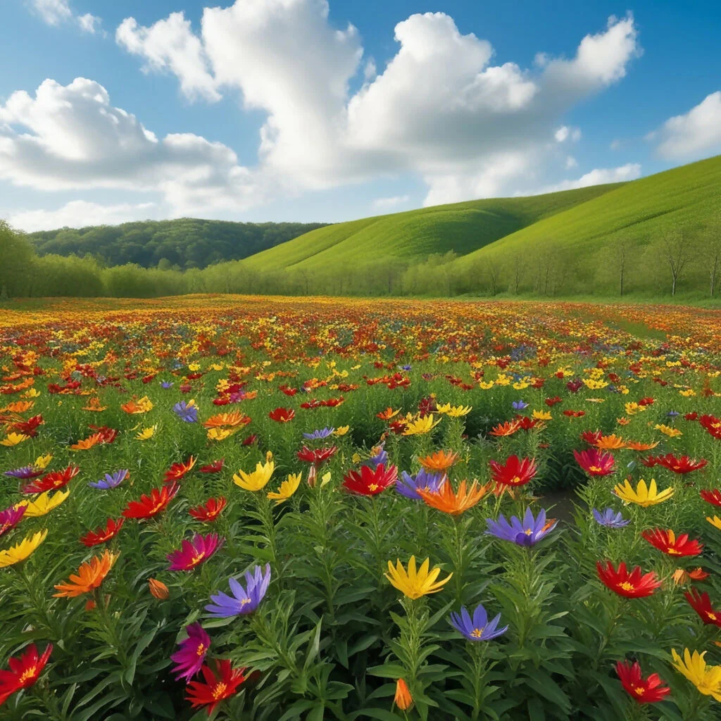 Vibrant Wildflower Meadow with Rolling Green Hills