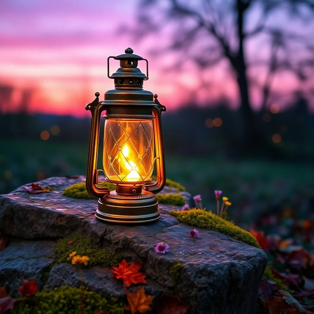 Vintage Lantern Glowing at Sunset in Nature