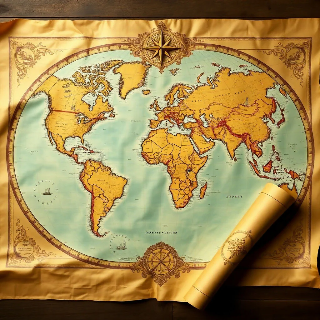 Vintage World Map with Ornate Compass Rose