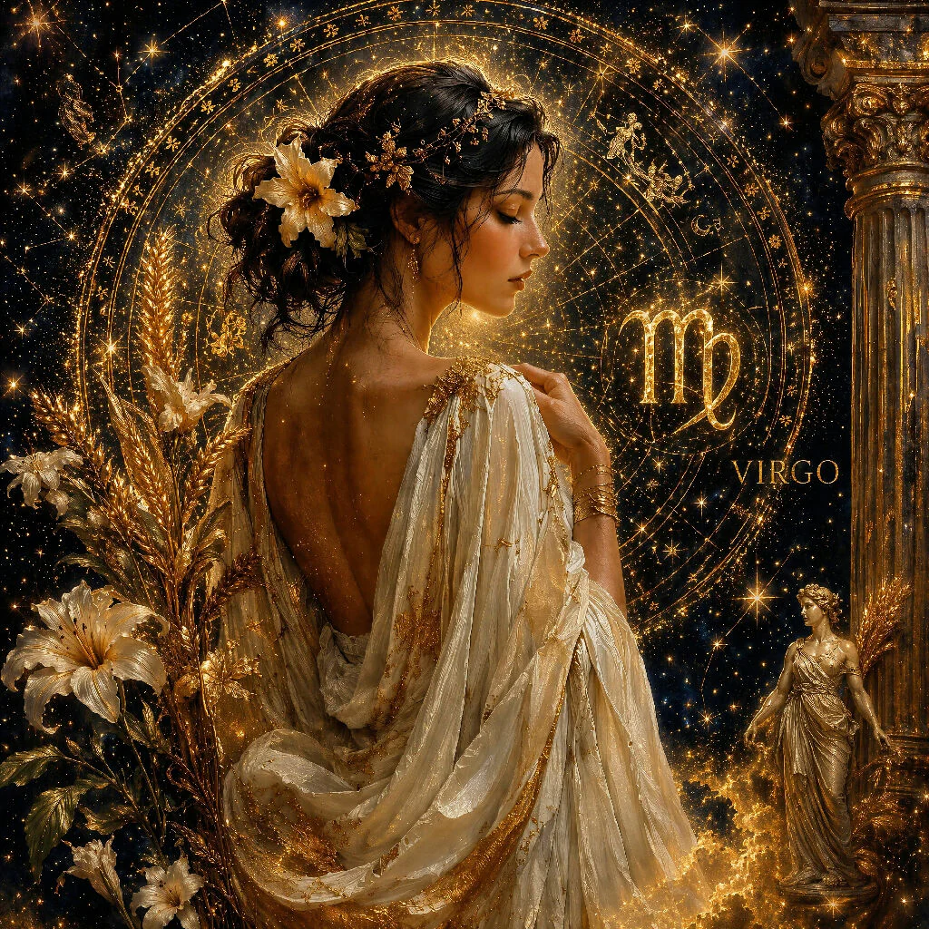 Virgo Zodiac Goddess Wall Art | Luxury Celestial Astrology AI Artwork | Golden Fantasy Fine Art Print