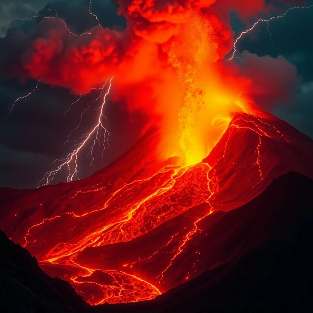 Volcanic Eruption with Lightning and Lava Flow