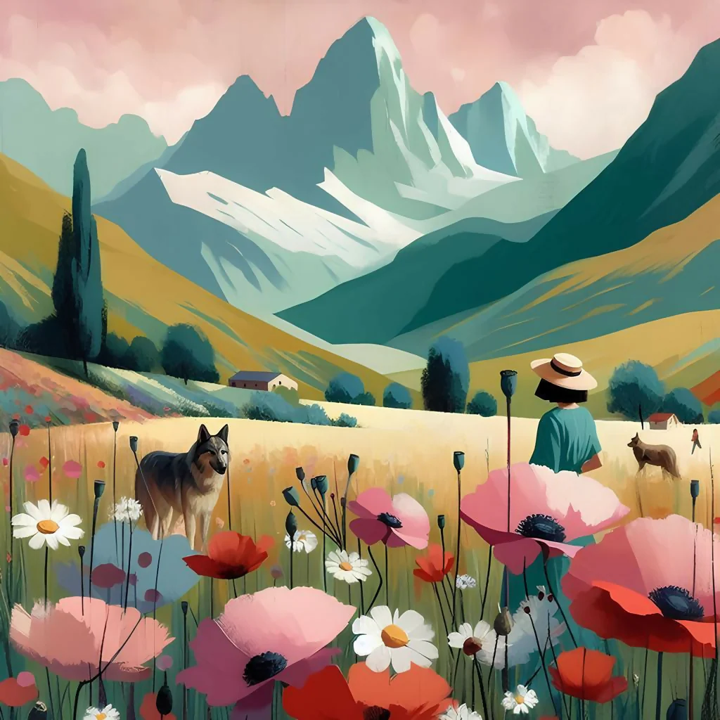 walking the dog in the flower field