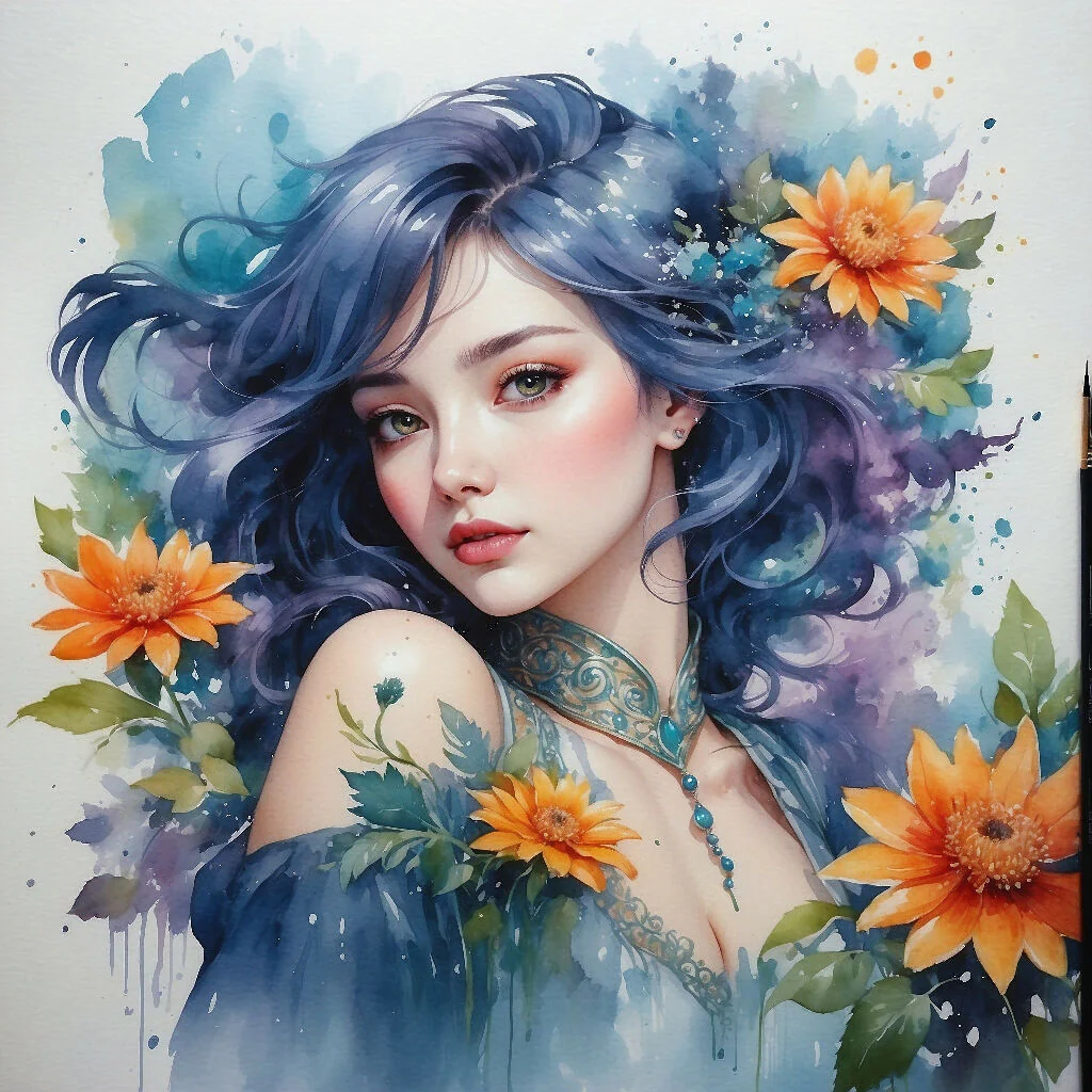 Watercolor Portrait with Floral Elements