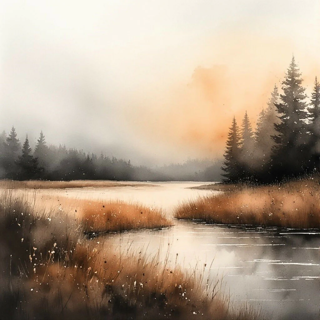 Watercolour Serenity - Pines and Reeds