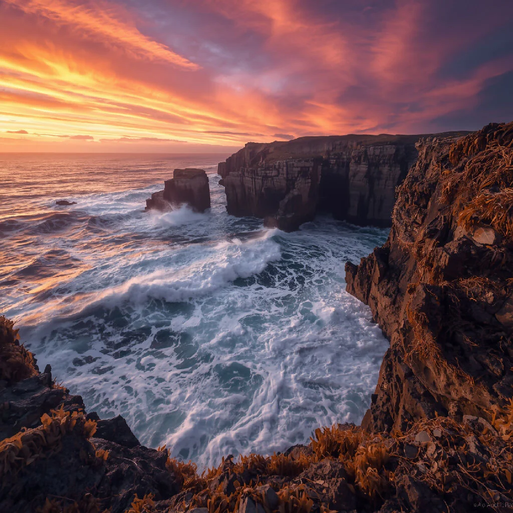 Waves crashing on rugged