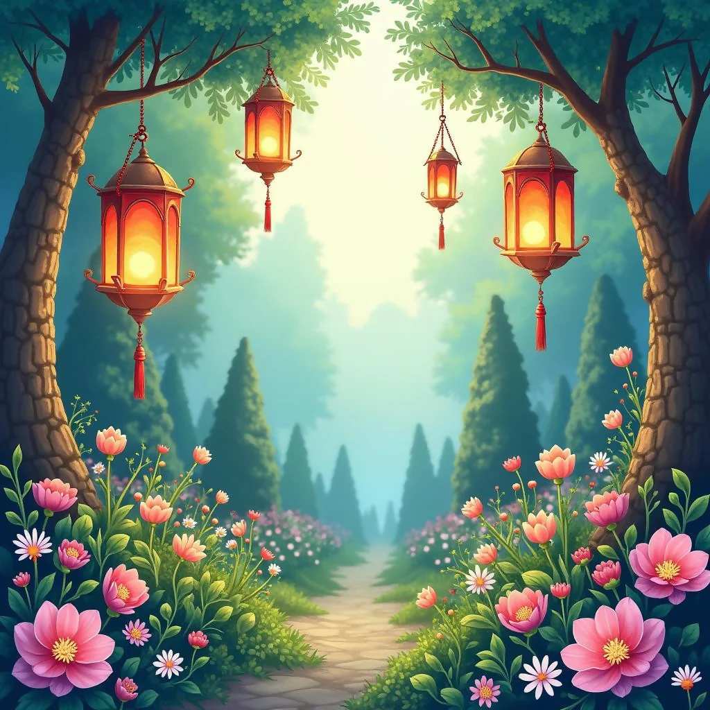 Whimsical Magical Garden with Floating Lanterns Description: