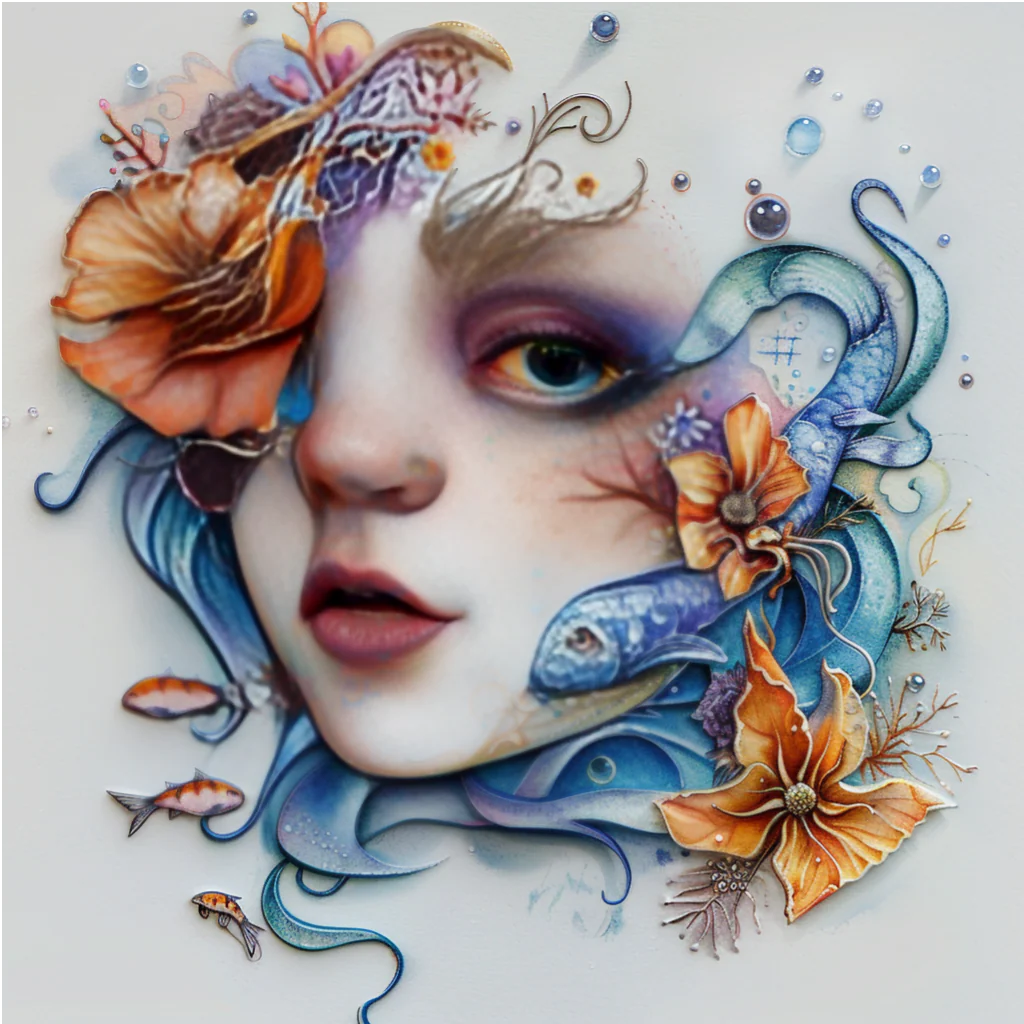 Whimsical Mermaid Face with Fish and Flowers