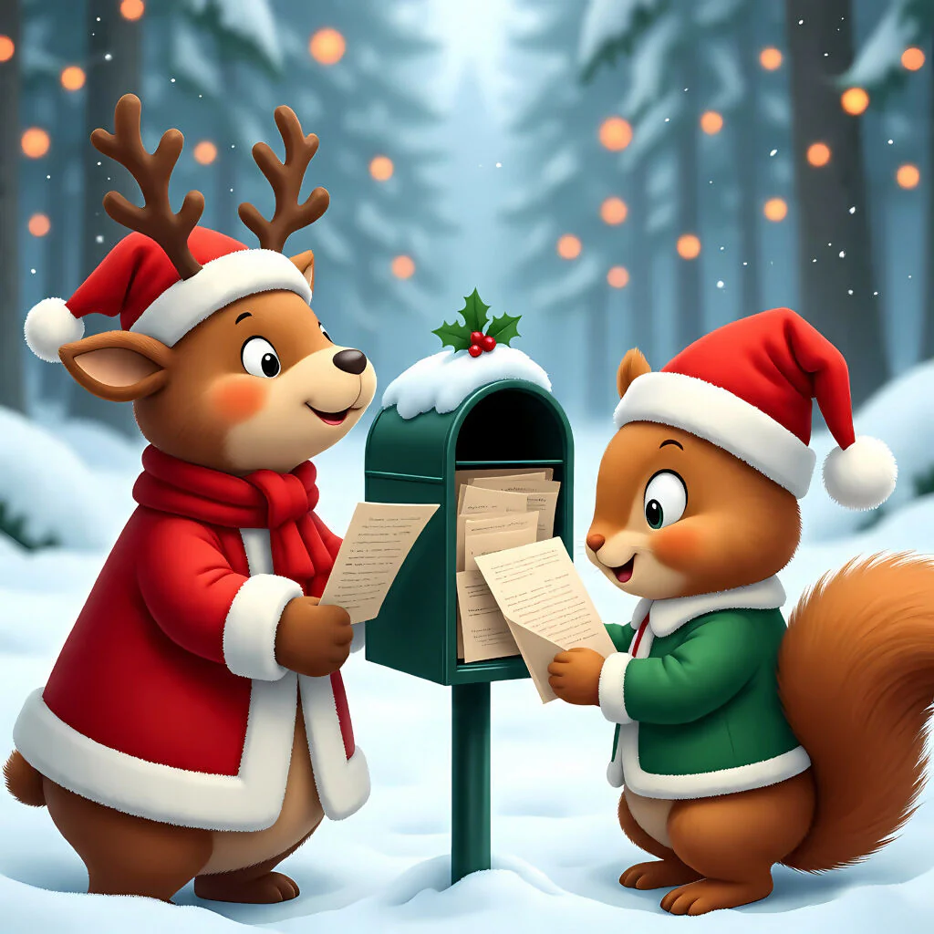 Whimsical Winter Mail: Reindeer and Squirrel Holiday Scene