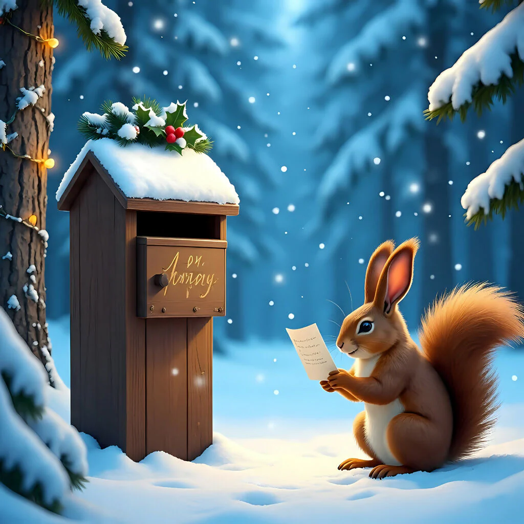 Whimsical Winter Squirrel Reading Letter in Enchanted Snow Forest Wall Art