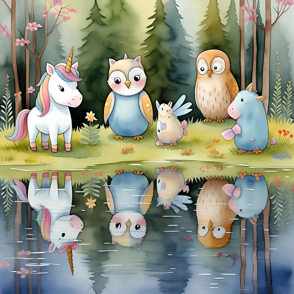 Whimsywood Reflections: A Surreal Gathering by the Lake