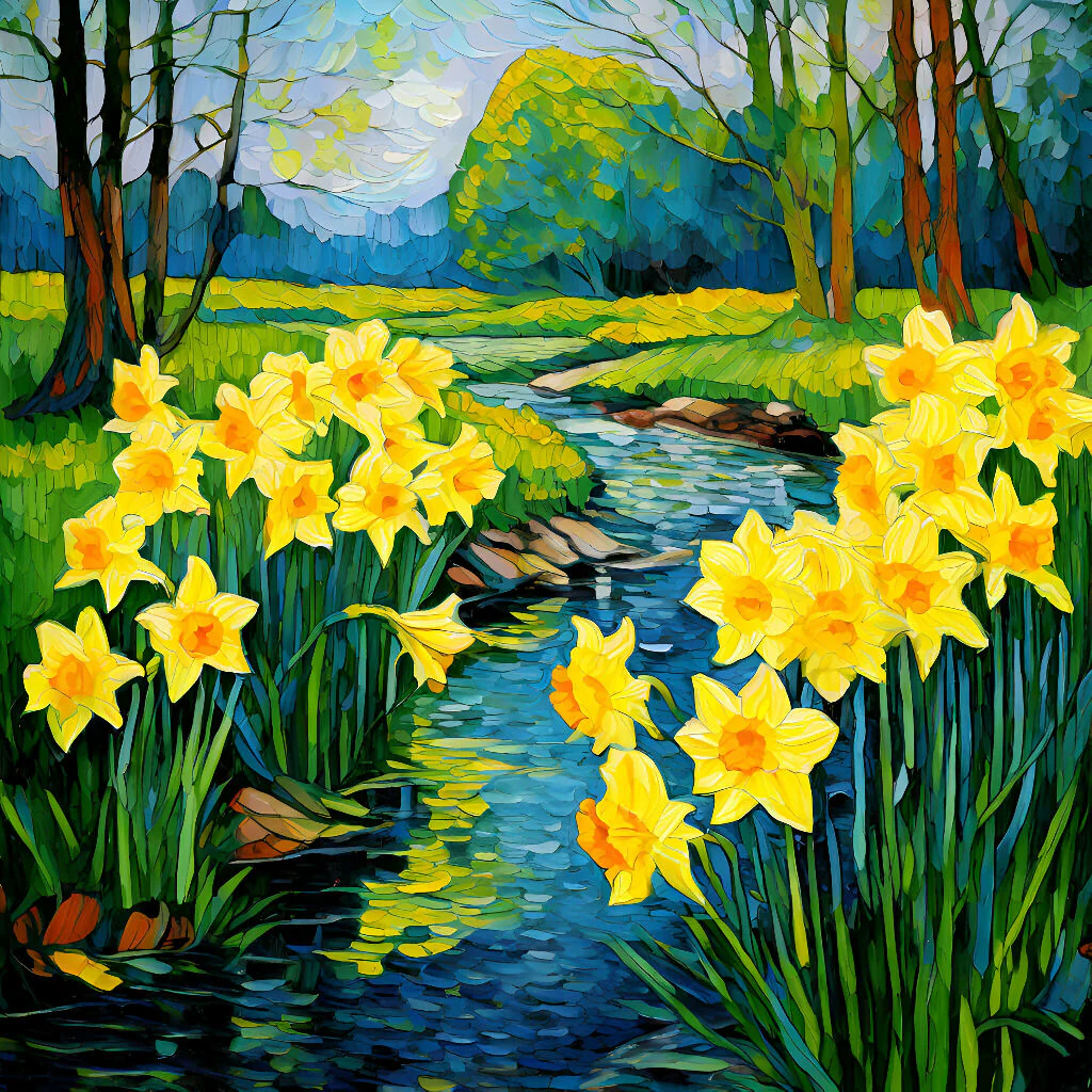 Whispers of Spring – Daffodils by the Stream