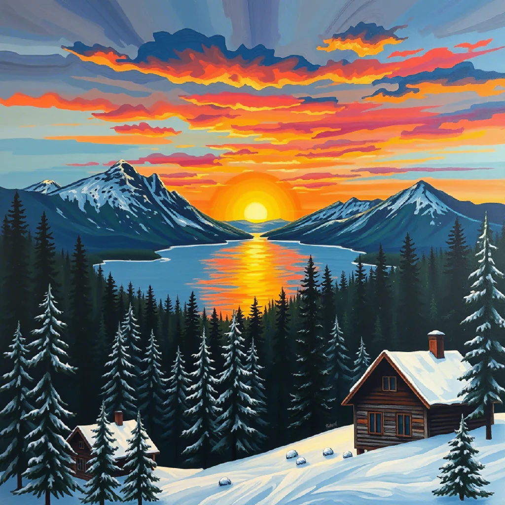 "Winter Sunset Cabin Scene - Image 7