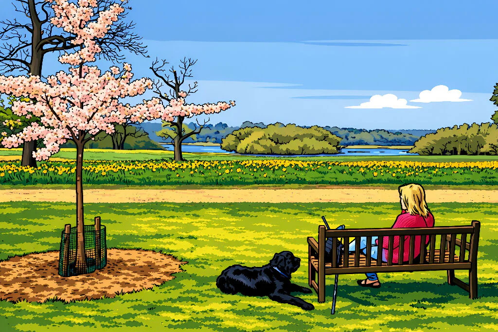 Woman and dog Relaxing on Park Bench