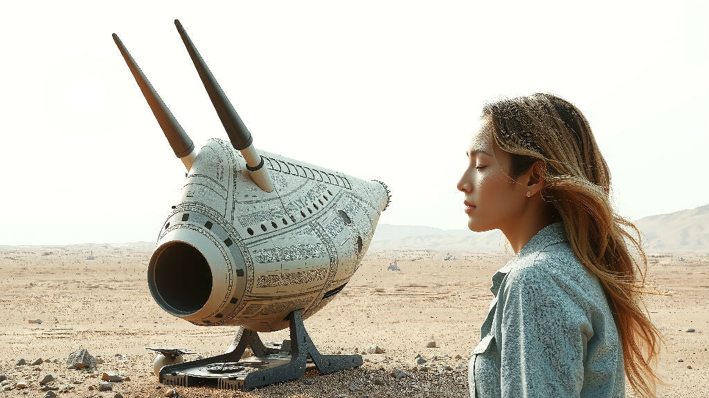 Woman Contemplating a Futuristic Spacecraft