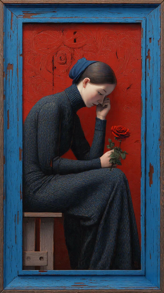 Woman Holding a Rose in Blue and Red Contrast