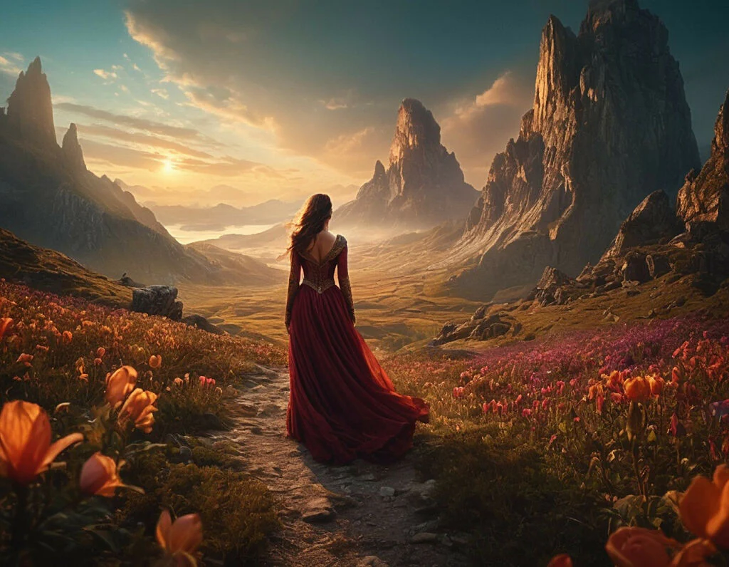 Woman in red in the mountains