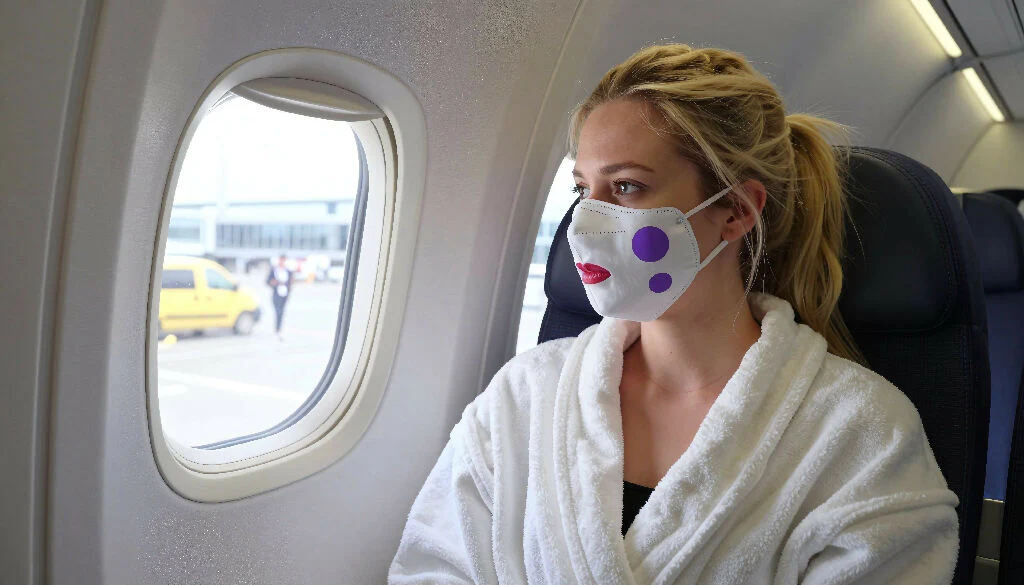 Woman in White Robe and Face Mask