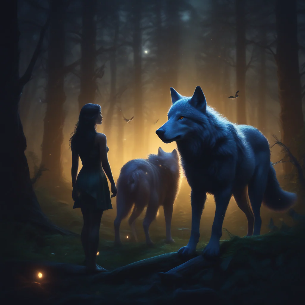 Woman in woods with wolves