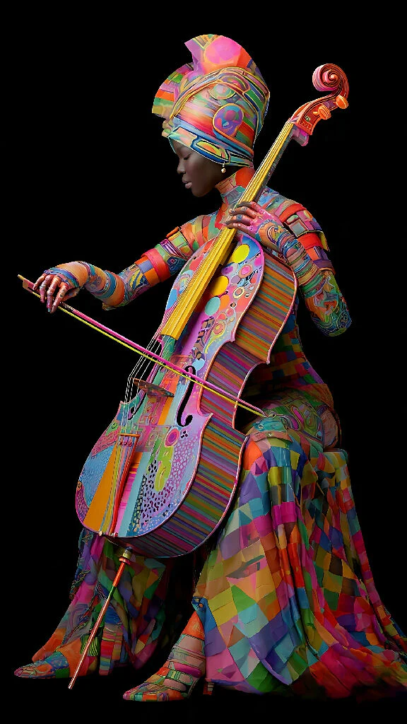Woman Playing Cello in Colorful Outfit