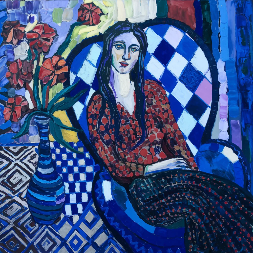 Woman Relaxing on Checked Chair