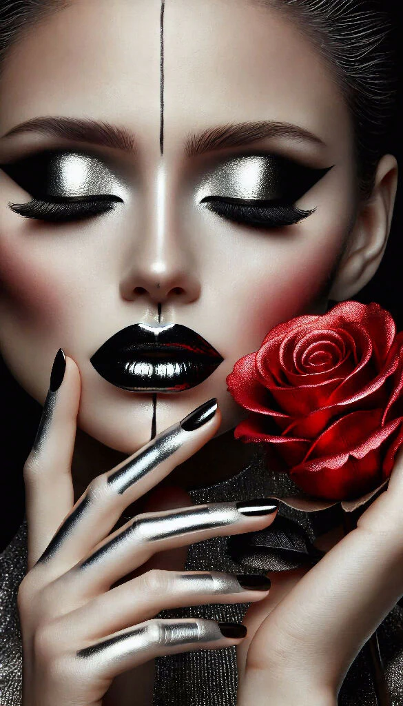 Woman´s face portrait with red rose