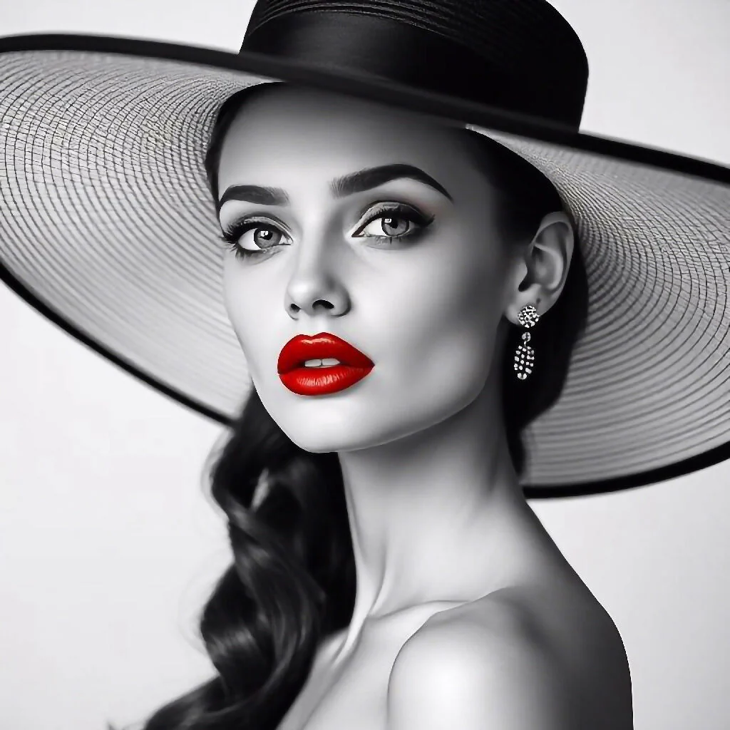Woman with big hat and red lips No. 9