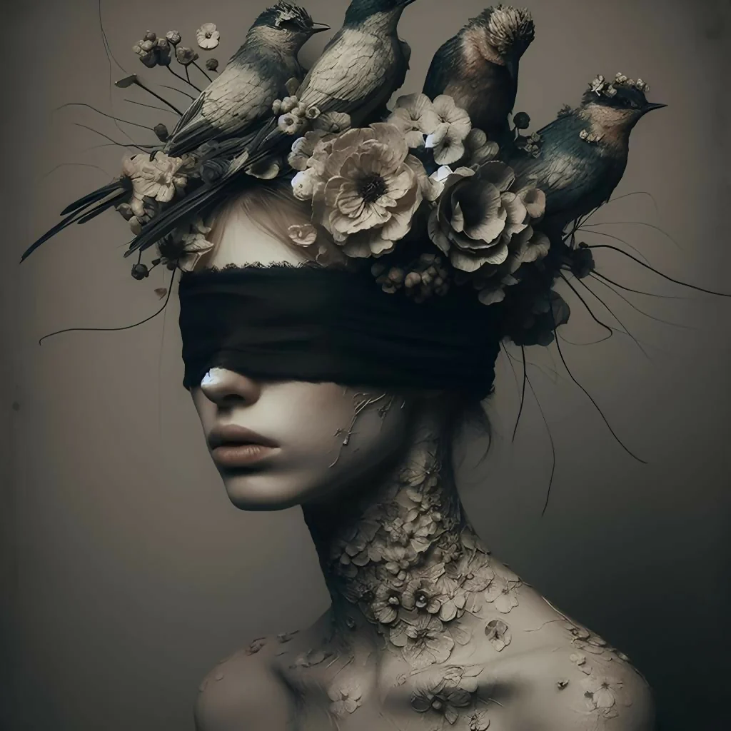 woman with bird hat and blindfolded eyes