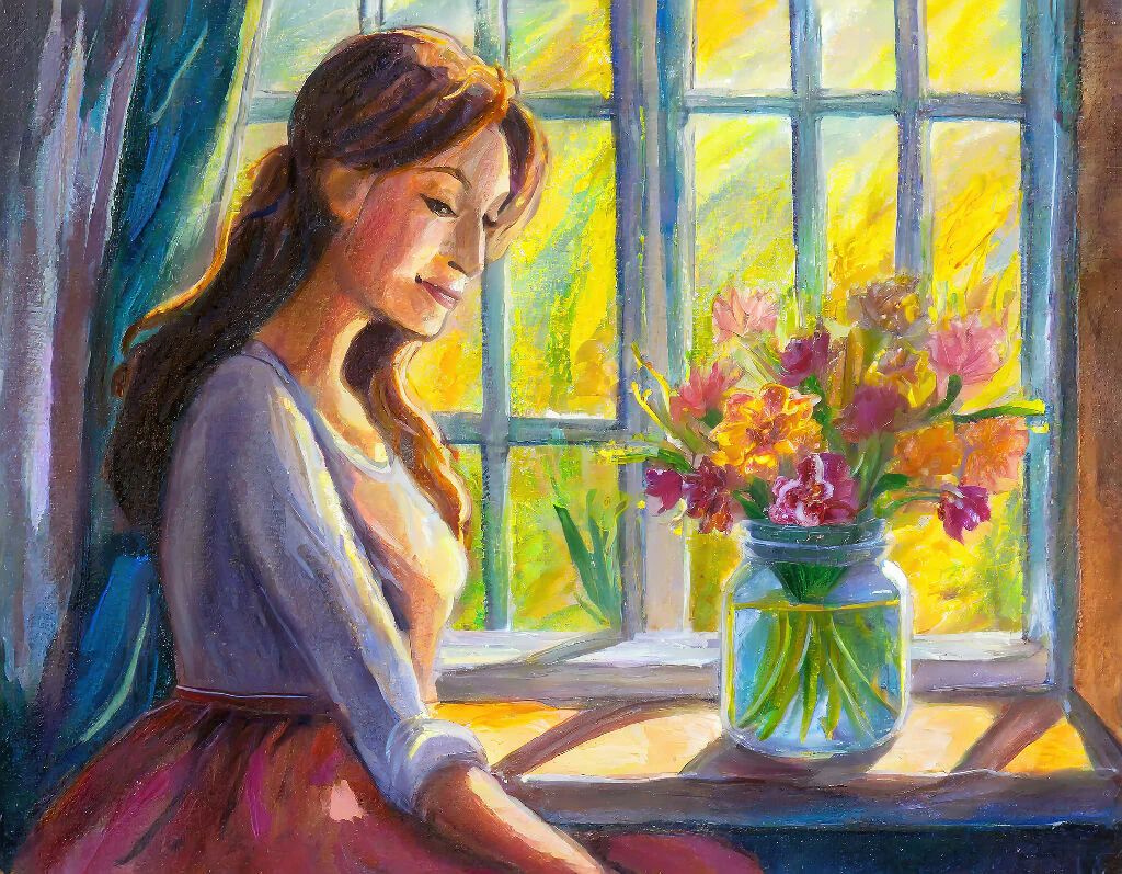 Woman with flowers by the window