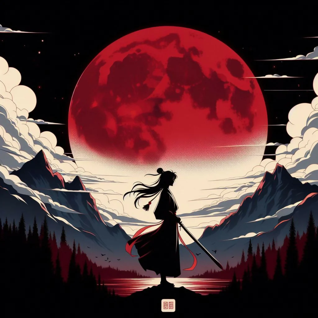 Wuxia Heroine in Mountains During a Lunar Eclipse
