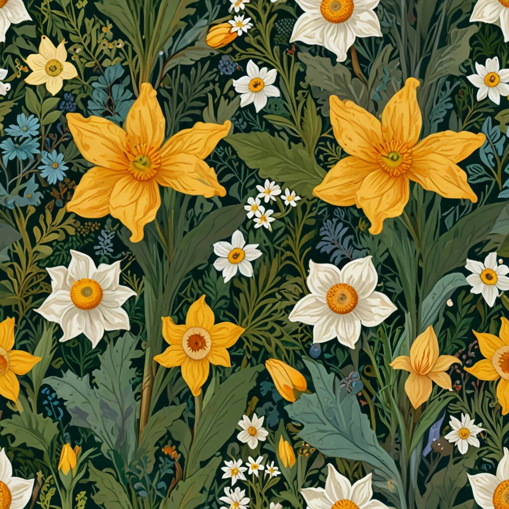 yellow daffodils, and white blossoms