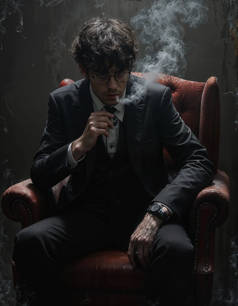 Young gangster set on chair and Smoking