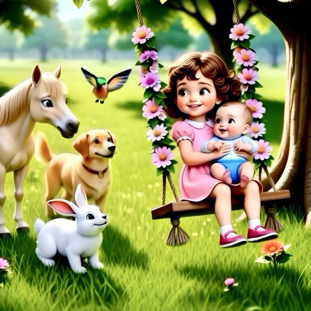 Young Girl on Swing with Baby