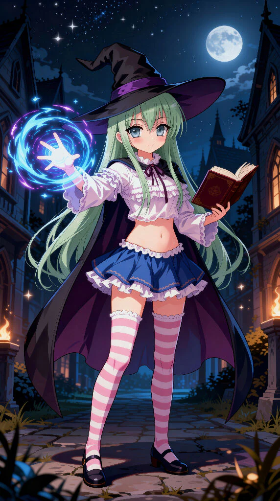 Young witch with green hair casting blue magic spell under full moon in gothic village at night